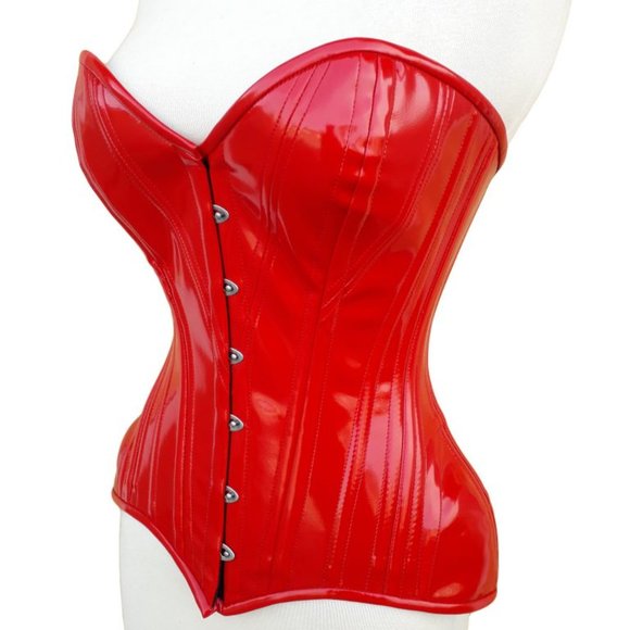 Women OverBust Red Latex PVC Corset, Double Steel Boned Full Bust Waist Training - Picture 2 of 4